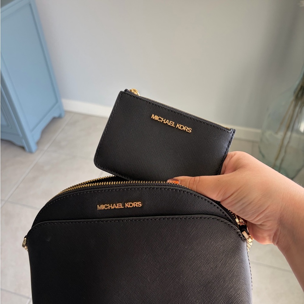 Michael Kors Black Saffiano Dome Crossbody with Gold Hardware (Wallet Included)